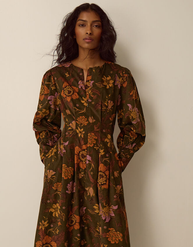 Princella Floral Corduroy Midi Dress, Green (GREEN), large