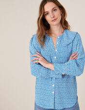 Printed Wide Collar Blouse, Blue (BLUE), large