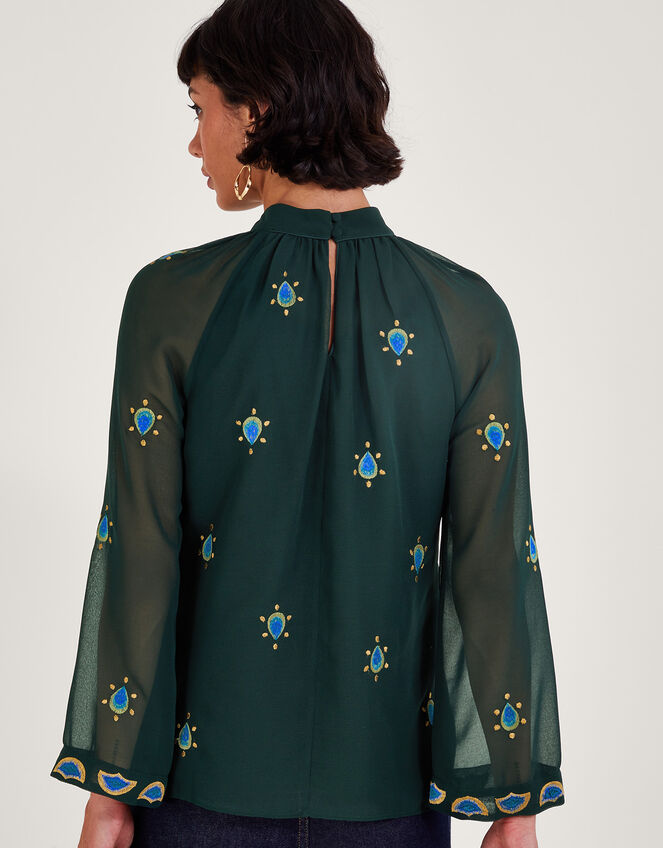 Perla Peacock Embellished Blouse, Green (DARK GREEN), large