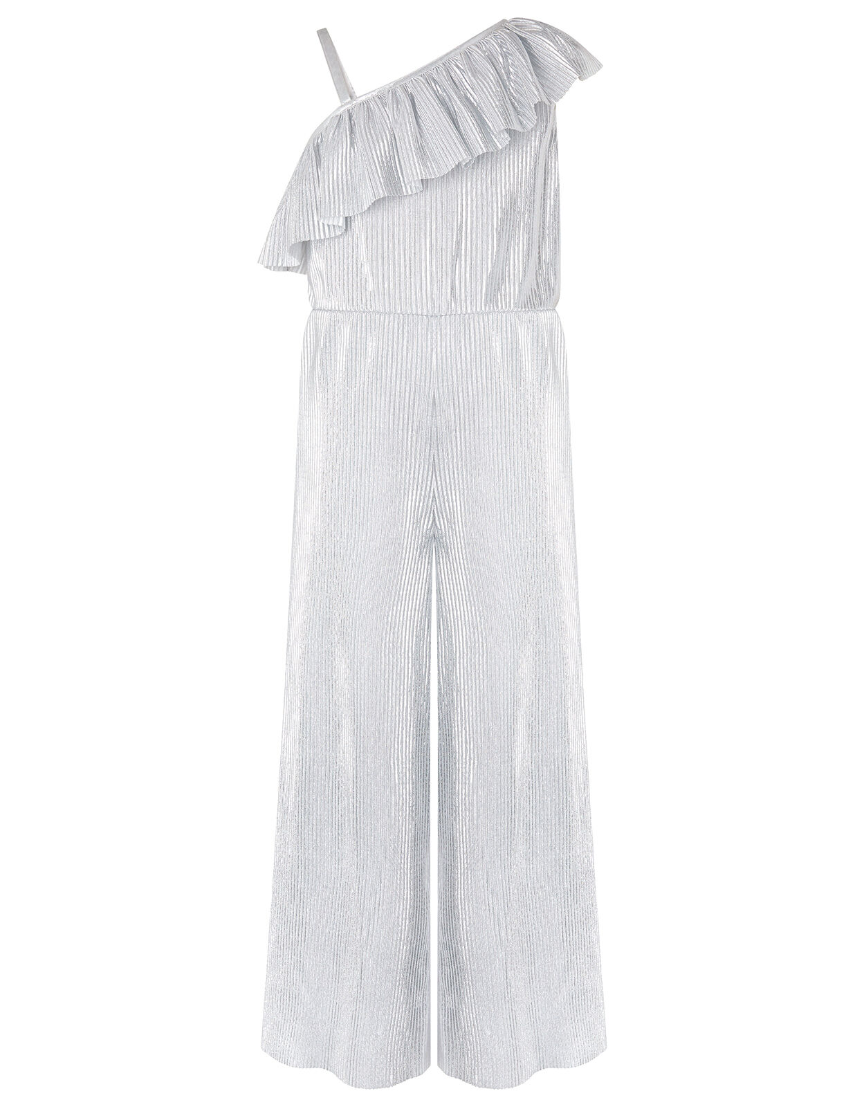 Cassandra One Shoulder Metallic Plisse Jumpsuit Silver