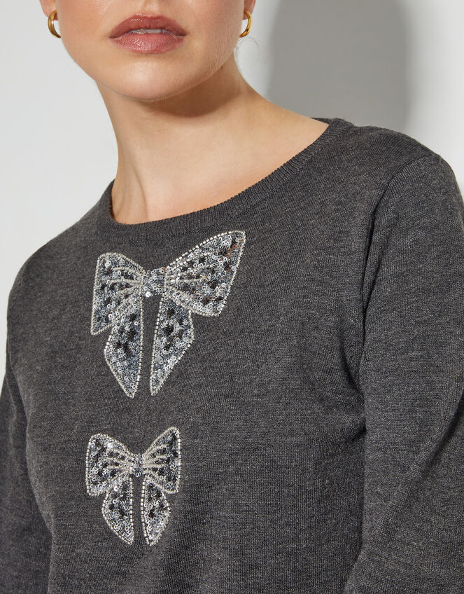 Di Sequin Bow Crew Neck Jumper, Grey (DARK GREY), large