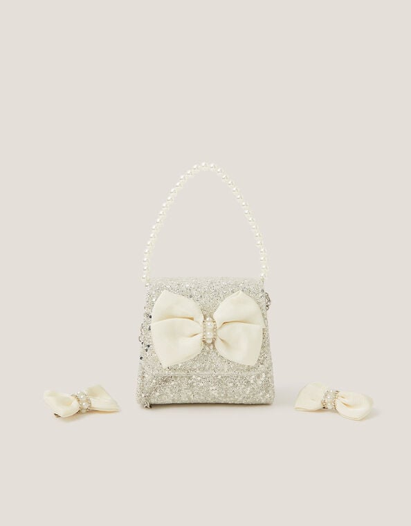 Glitter Pearl Bow Handbag & Hair Clips Set, , large