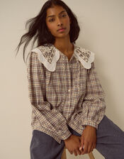 Thea Lace Collar Check Shirt, Brown (BROWN), large