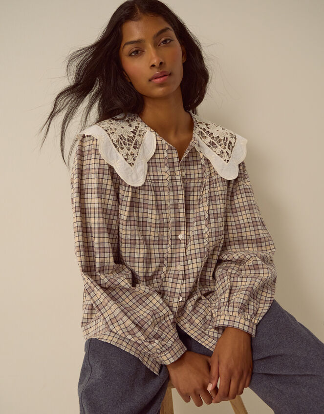 Thea Lace Collar Check Shirt, Brown (BROWN), large