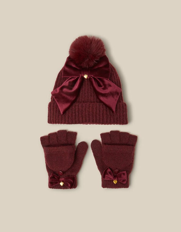 Velvet Bow Bobble Hat & Gloves Set, Red (BURGUNDY), large