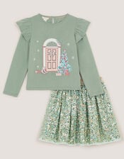 Christmas Top & Sequin Disco Skirt Set, Green (GREEN), large