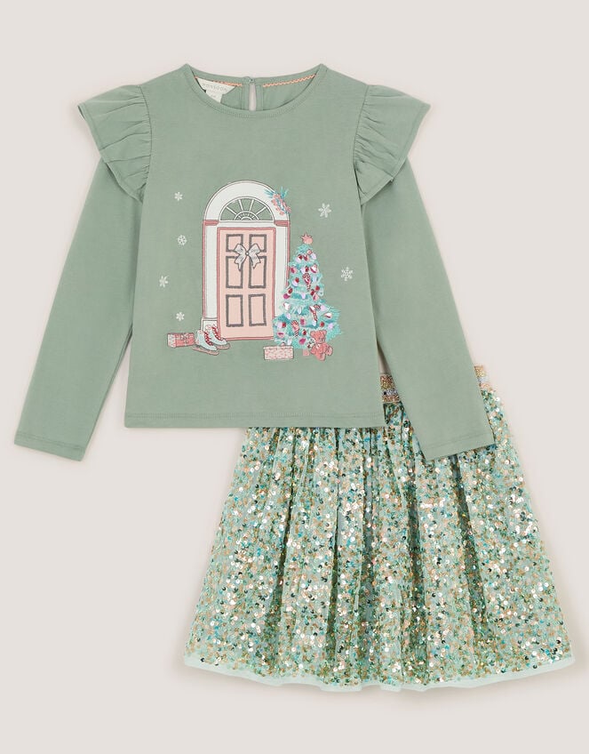 Christmas Top & Sequin Disco Skirt Set, Green (GREEN), large
