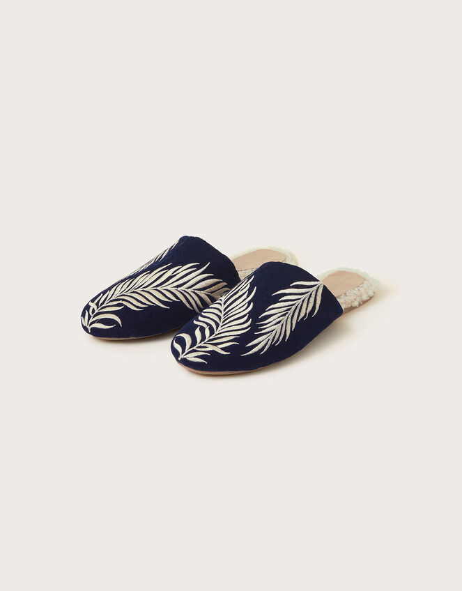 Clover Feather Embroidered Slippers, Blue (NAVY), large