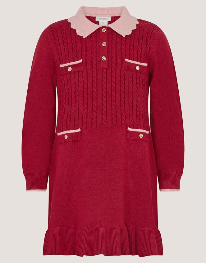 Scallop Collar Cable Knit Dress, Red (BURGUNDY), large