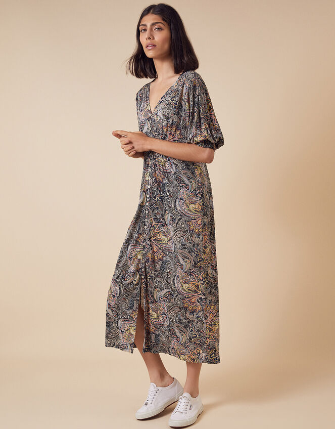 Paisley Jersey Midi Dress in Sustainable Viscose, Blue (NAVY), large
