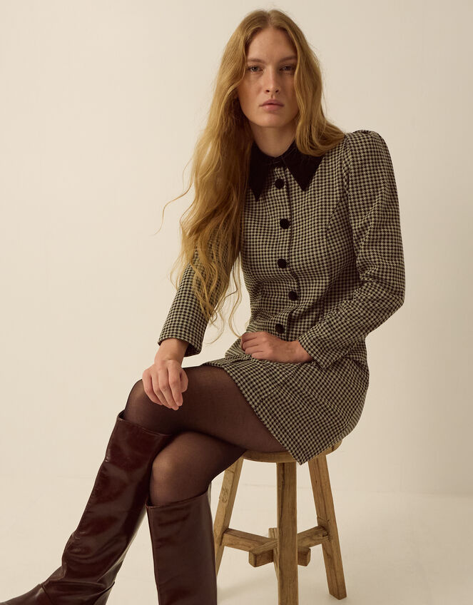 Monsoon x Queens of Archive Mary Velvet Collar Houndstooth Mini Dress​, Black (BLACK), large