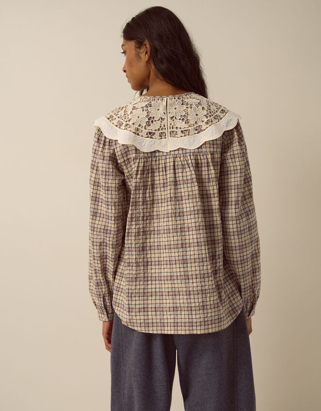 Thea Lace Collar Check Shirt, Brown (BROWN), large