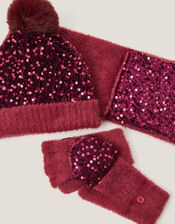 Fuzzy Sequin Bobble Hat & Scarf Set, Red (RED), large