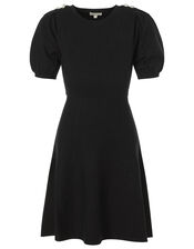 Button Detail Puff Sleeve Dress, Black (BLACK), large