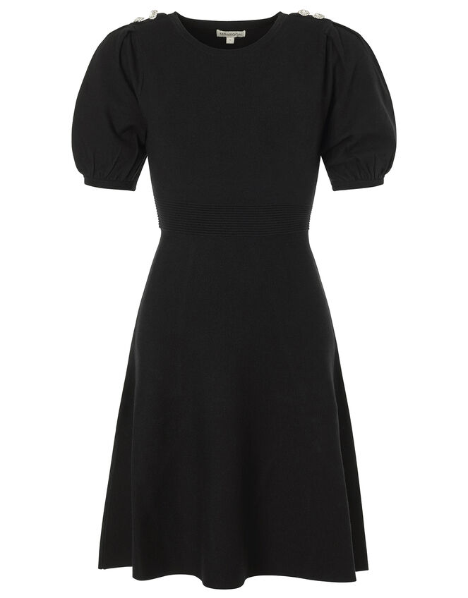 Button Detail Puff Sleeve Dress, Black (BLACK), large