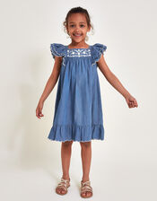 Embroidered Chambray Dress, Blue (BLUE), large