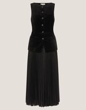 Vanessa Sleeveless Velvet Pleated Midi Dress, Black (BLACK), large