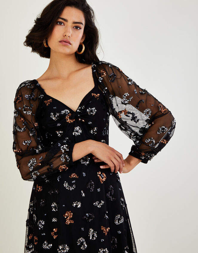 Marianly Sequin Animal Print Dress, Black (BLACK), large