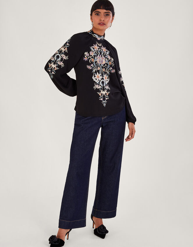 Farah Floral Embroidered Blouse, Black (BLACK), large