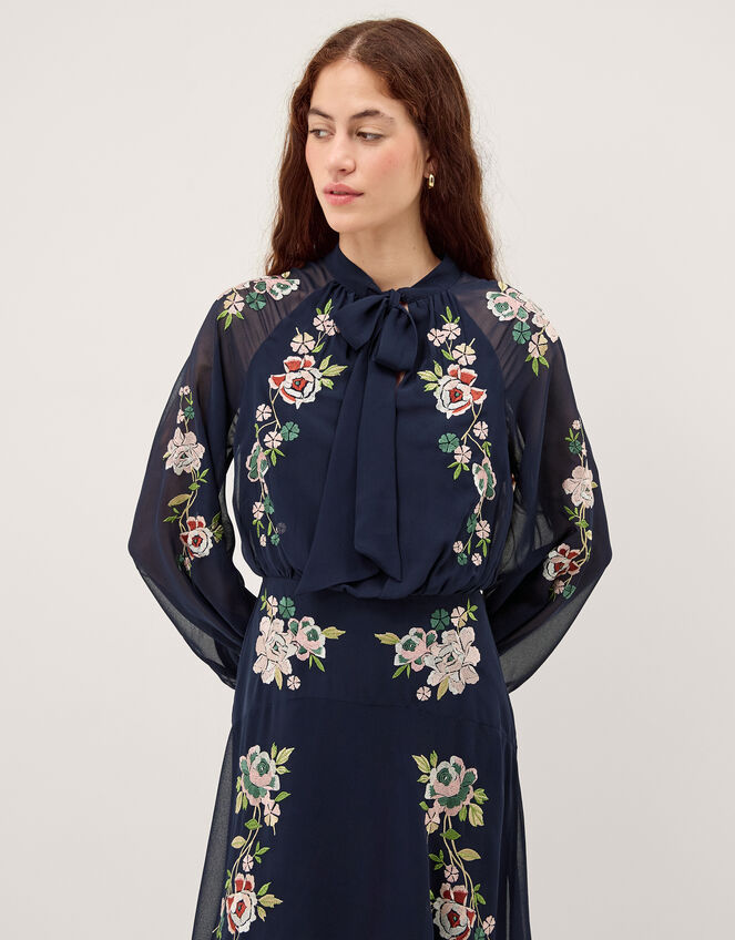 Annika Floral Embroidered Chiffon Midi Dress Blue | Evening Dresses