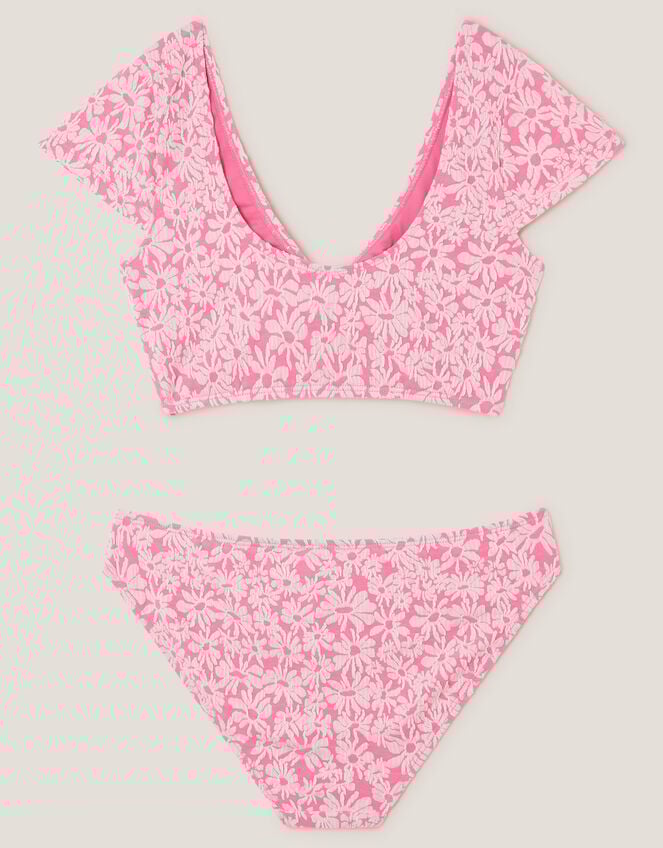 Floral Jacquard Short Sleeve Bikini Set, Pink (PINK), large