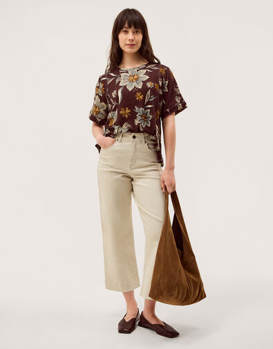 Esther Floral Linen Blend T-Shirt, Brown (CHOCOLATE), large