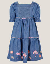 Embroidered Puff Sleeve Denim Dress, Blue (BLUE), large