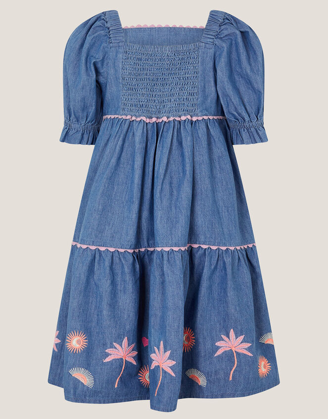 Embroidered Puff Sleeve Denim Dress, Blue (BLUE), large