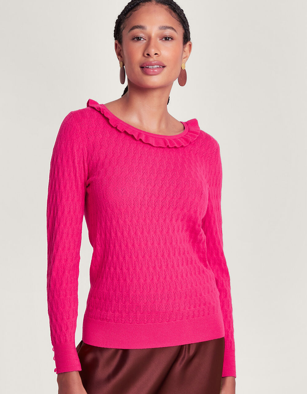 Ruffle Scoop Neck Jumper with Sustainable Viscose Pink Jumpers