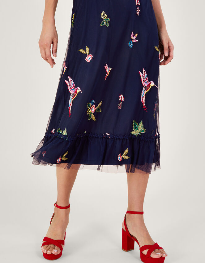 Helena Embellished Tea Dress in Recycled Polyester, Blue (NAVY), large