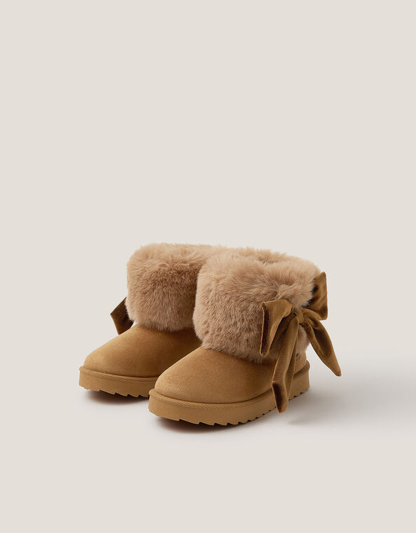 Bow Faux Fur Suedette Ankle Boots, Tan (TAN), large