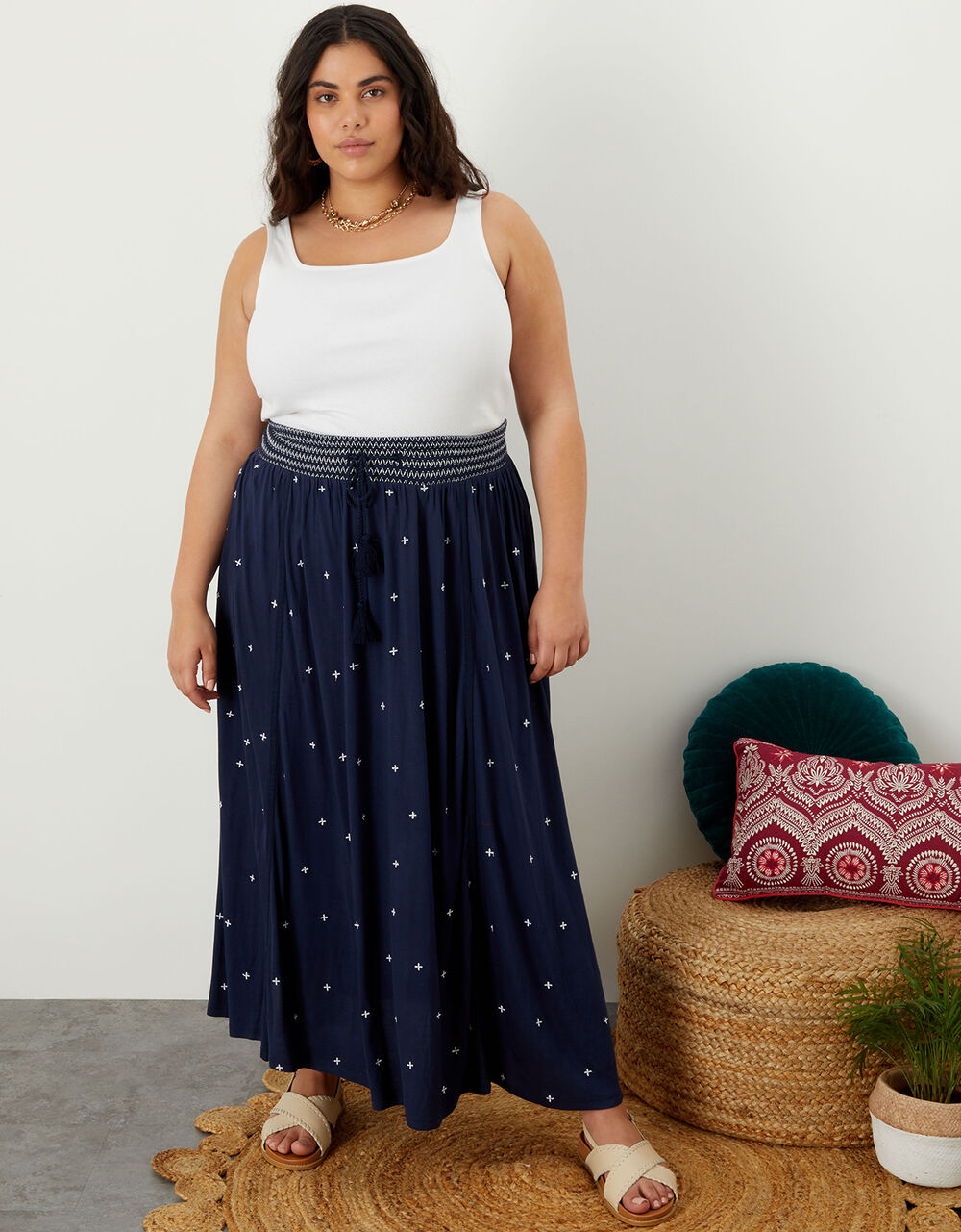Women Women's Clothing | Embroidered Shirred Maxi Skirt in LENZING™ ECOVERO™ Blue - RR67134