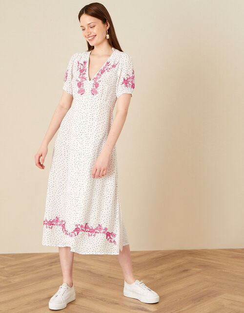 Embroidered Spot Button Midi Dress , Ivory (IVORY), large