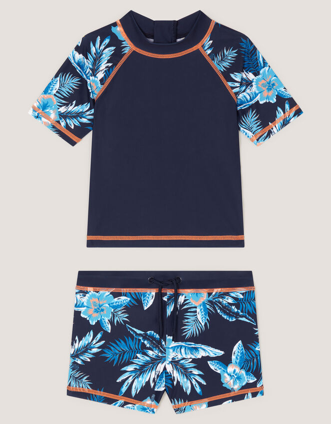 Tropical Print Rash Vest & Swim Shorts , Blue (NAVY), large
