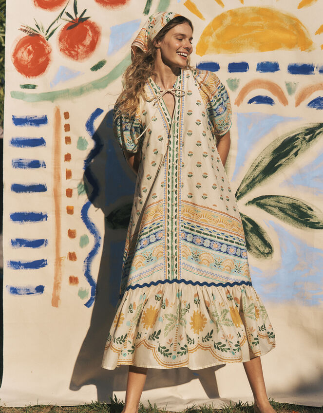 Monsoon x Charlie Taylor Printed Puff Sleeve Midi Dress Ivory