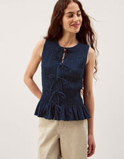 Steff Sleeveless Smocked Jersey Top, Blue (NAVY), large