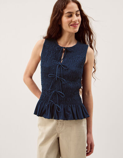Steff Sleeveless Smocked Jersey Top, Blue (NAVY), large