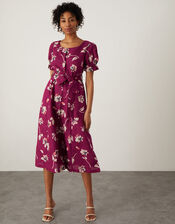 Floral Print Midi Dress in Linen Blend, Pink (CERISE), large