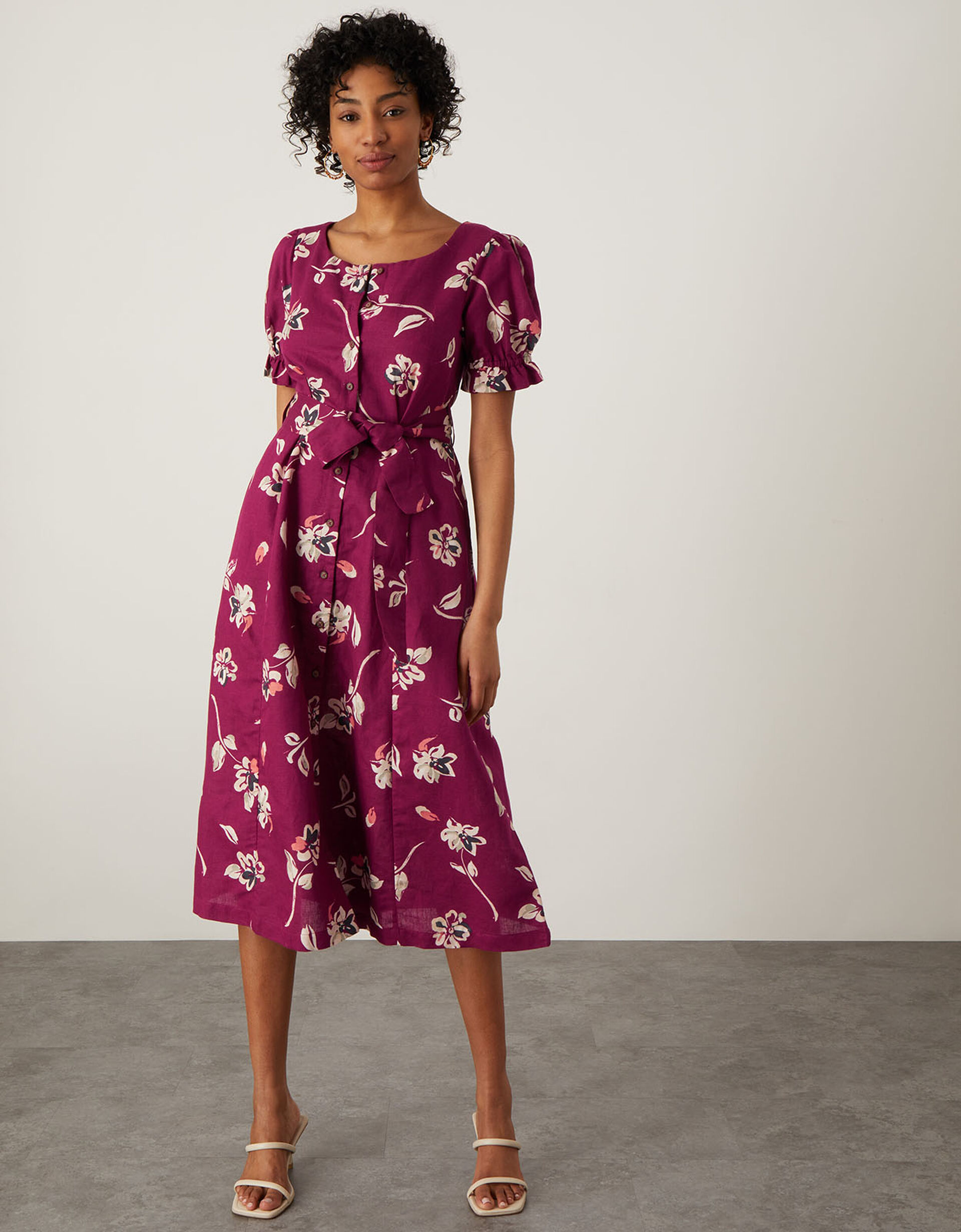Cardydony Women's Vintage Pink Floral Art Linen Blend Loose Three-quarter Sleeve Dress main image 0