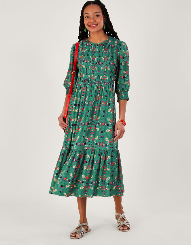 Floral Printed ¾ Sleeve Shirred Dress in LENZING™ ECOVERO™, Green (GREEN), large