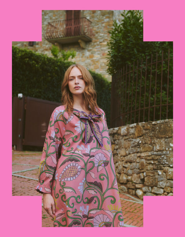 One Hundred Stars Giant Kantha Pussybow Midi Dress, , large