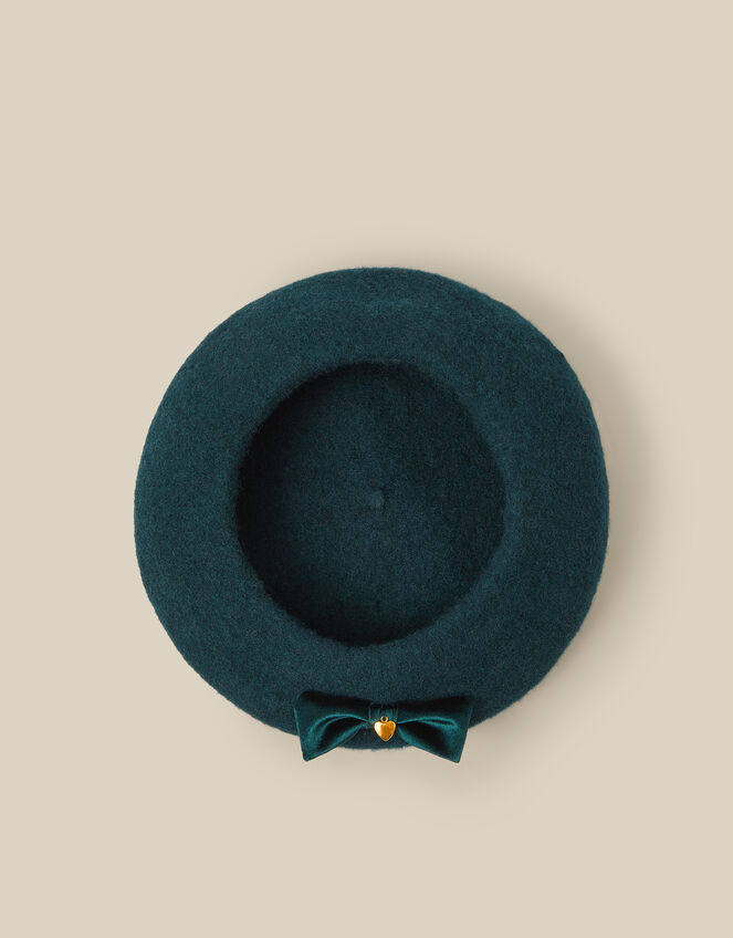 Velvet Bow Beret & Gloves Set, Green (GREEN), large