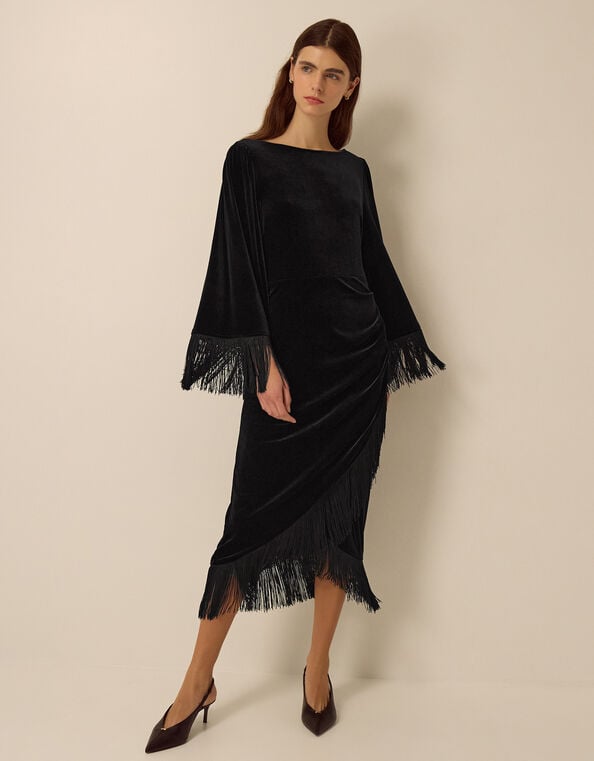 Tara Long Sleeve Fringe Velvet Midi Dress, Black (BLACK), large
