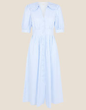 Frill Collar Stripe Poplin Dress, Blue (BLUE), large