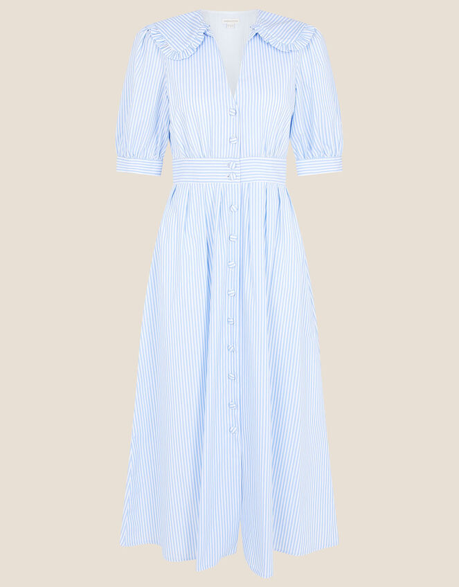 Frill Collar Stripe Poplin Dress, Blue (BLUE), large