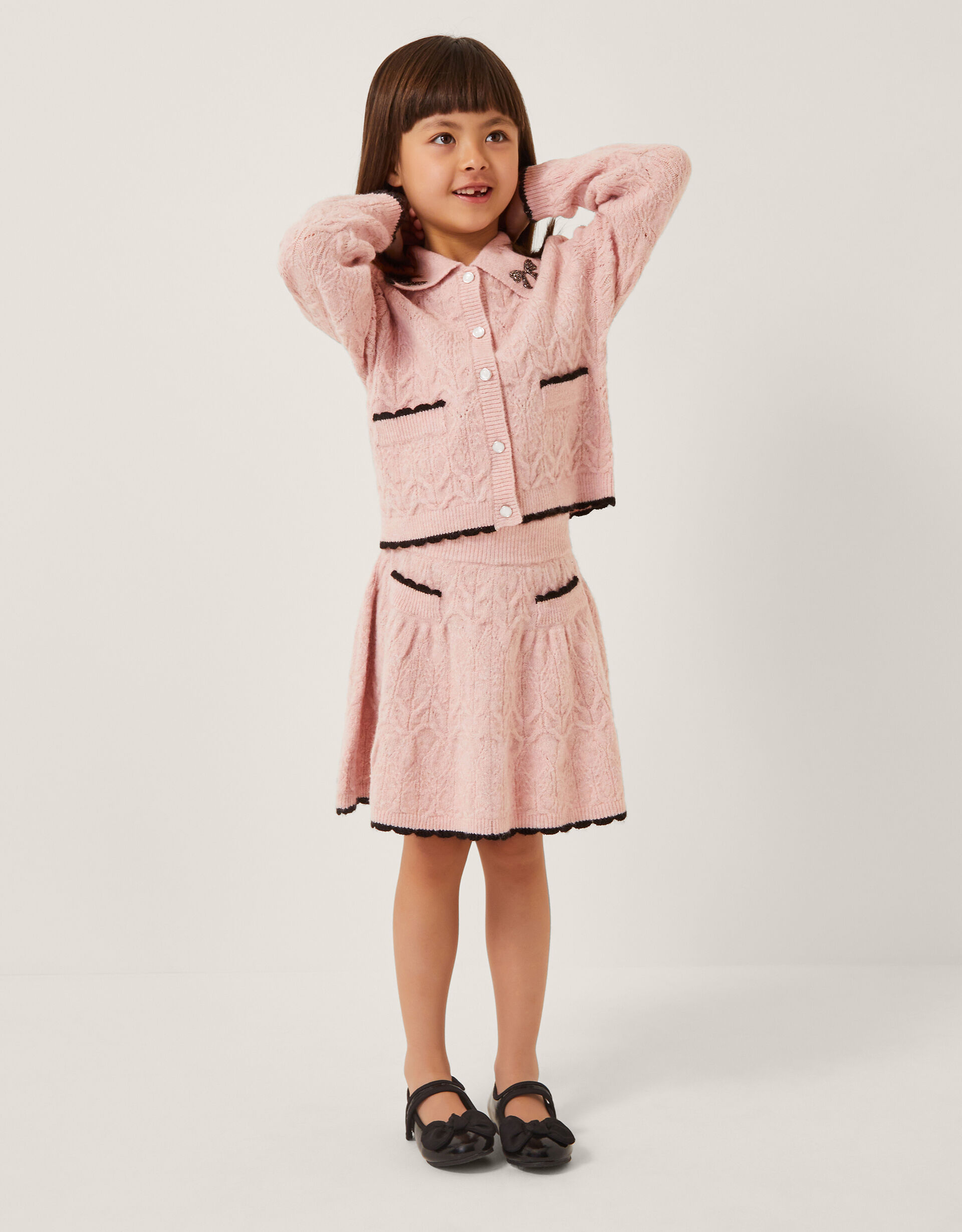 Bow Collar Cardigan & Knit Skirt Set Pink