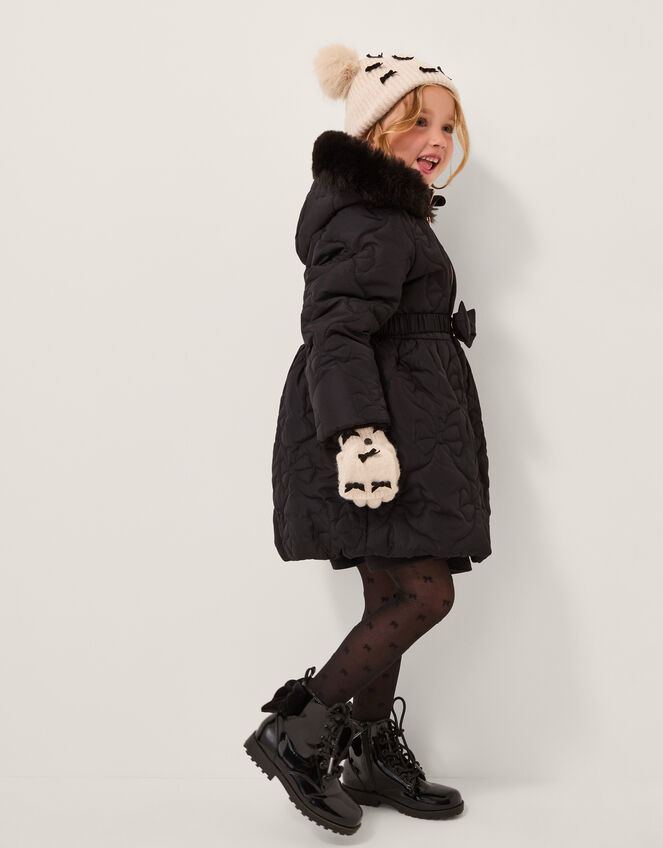 Faux Fur Hooded Bow Quilted Coat, Black (BLACK), large