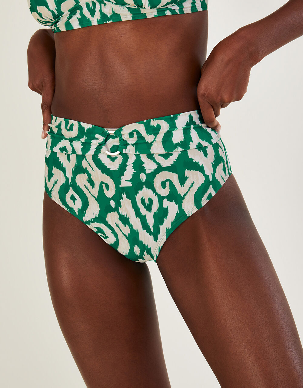 Ikat Print High Waist Bikini Bottoms with Recycled Polyester Green