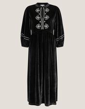 Venus Embroidered Stretch Velvet Midi Dress, Black (BLACK), large