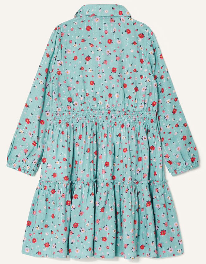 Ditsy Floral Tiered Shirt Dress, Blue (AQUA), large